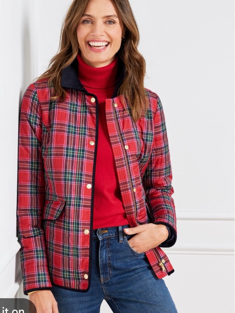 Talbots Red Plaid Quilted Utility Jacket with Navy Trim size large petite